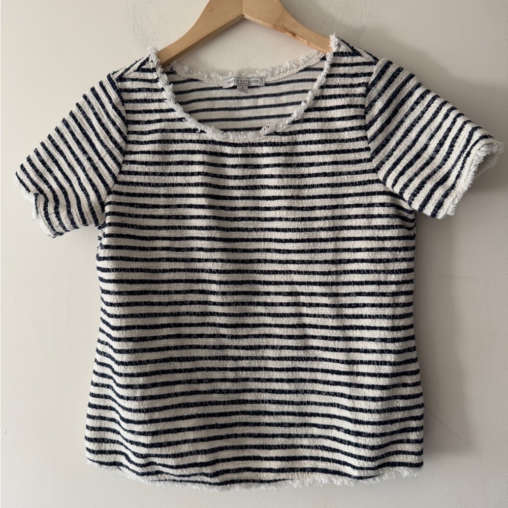 Green Envelope Blue‎ and White Striped Fringe Hem Top